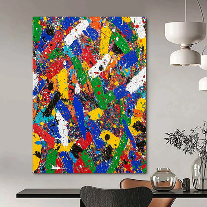 Contemporary hand-painted abstract art filled with vibrant colors and dynamic shapes evoking emotions of excitement and nostalgia in a captivating landscape. DLZ1176