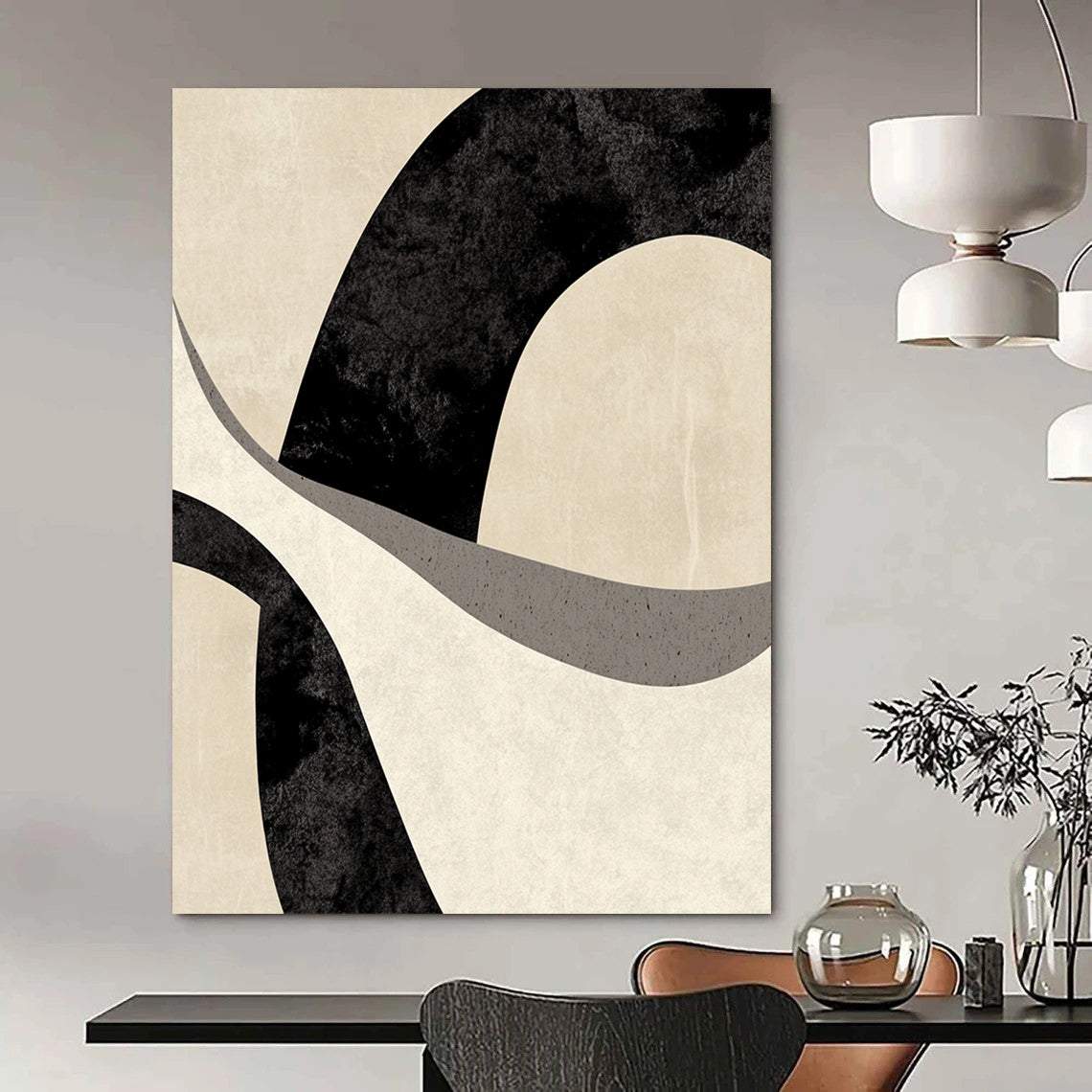 Contemporary abstract art featuring a fluid black and white "F" design on a beige background, evoking movement and a dreamy atmosphere. DLZ1221