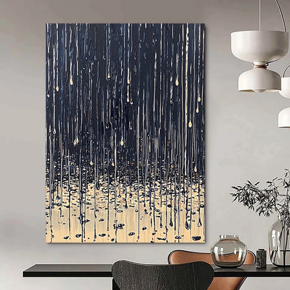 Contemporary abstract painting depicting rain on ground with dark blue beige palette thick paint drips and tranquil reflections on wet surfaces. DLZ0634