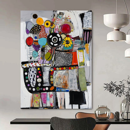 Contemporary abstract painting featuring collage-style car engine crafted from diverse materials in a vibrant palette of colors including black white red and blue. DLZ0953