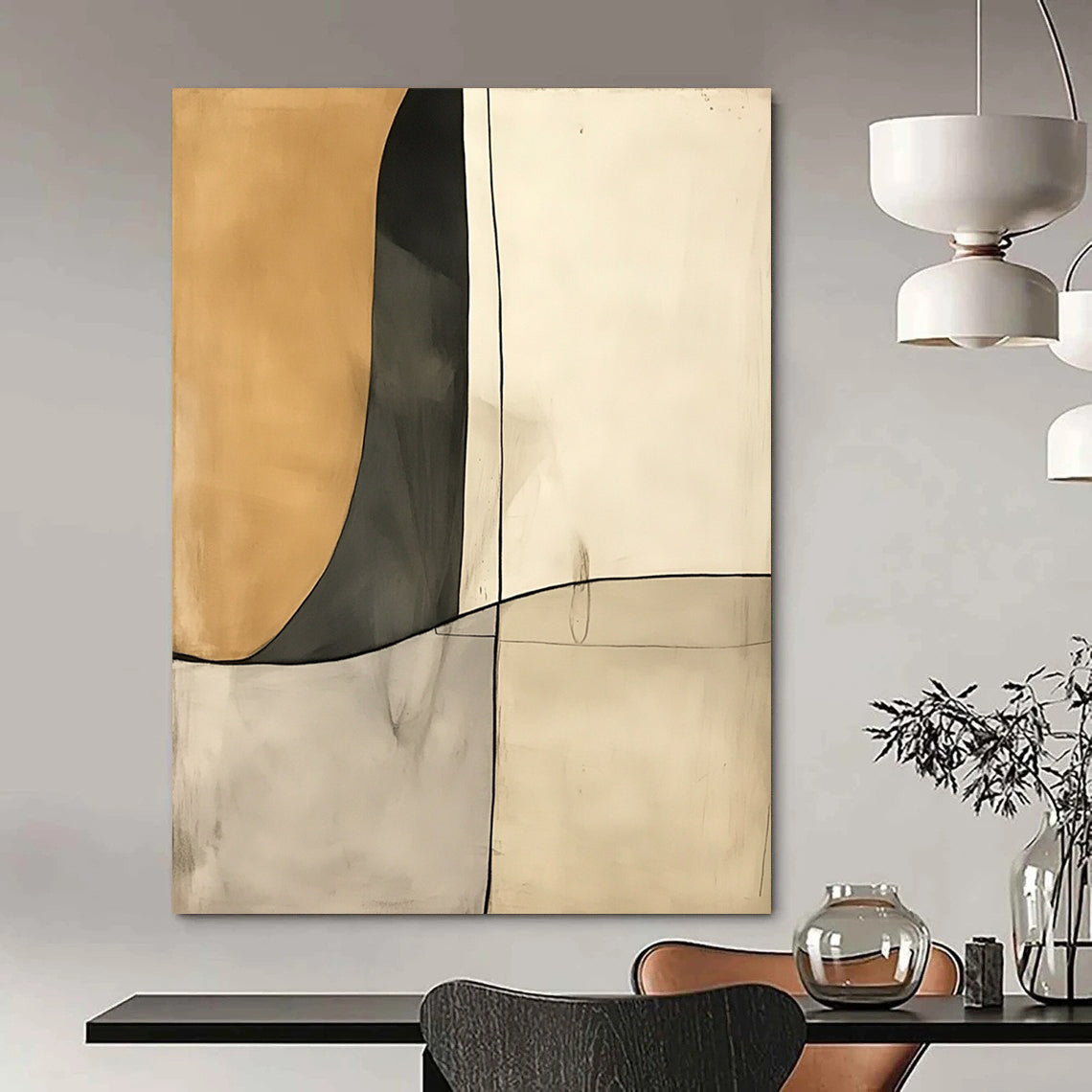Contemporary hand-painted abstract art featuring deconstructed minimalism in cream and gray tones with negative space and fluid shapes. DLZ1391