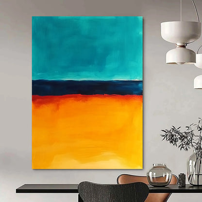 Contemporary abstract painting features vibrant orange and teal hues capturing the ocean at sunset in a captivating visual experience. DLZ1386
