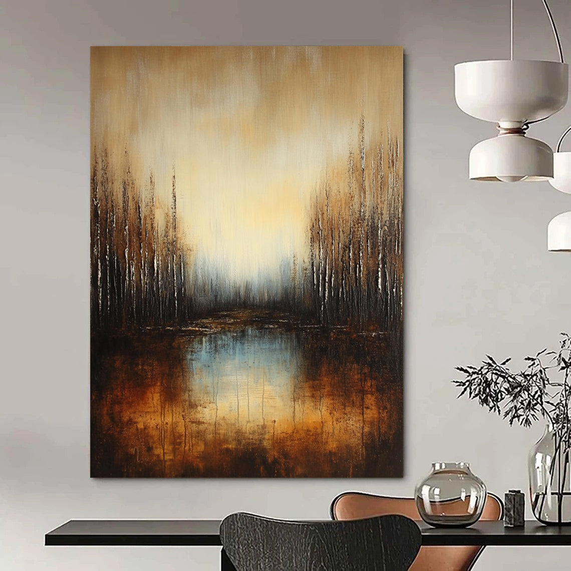 Large contemporary abstract painting featuring a deep brown and grey gradient with earthy orange hues and reflective water surrounded by soft blue trees. DLZ1294