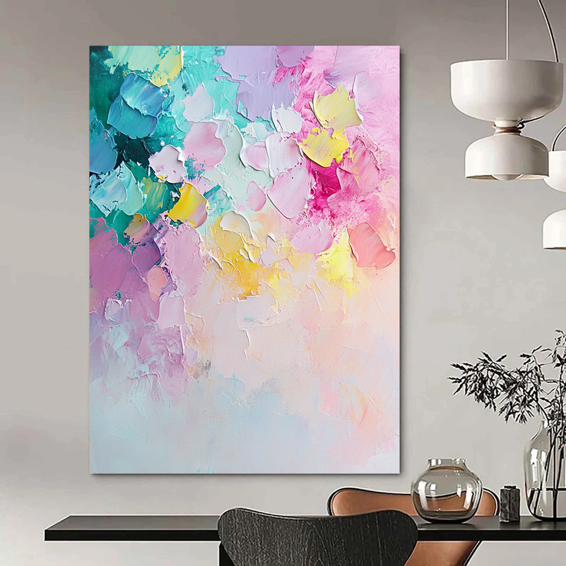 Contemporary hand-painted abstract art featuring pastel flowers in light pink and mint green with dynamic brush strokes and a textured palette knife finish. DLZ0761