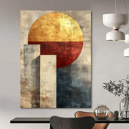 Contemporary abstract artwork featuring minimalist boho geometric shapes in muted tones with gold accents and a textured canvas finish. DLZ1343