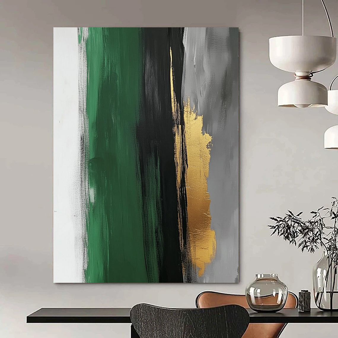 Contemporary abstract artwork featuring a striking dark grey brushstroke on white paper with subtle gold leaf accents and a minimalist design for elegant visual harmony. DLZ1330