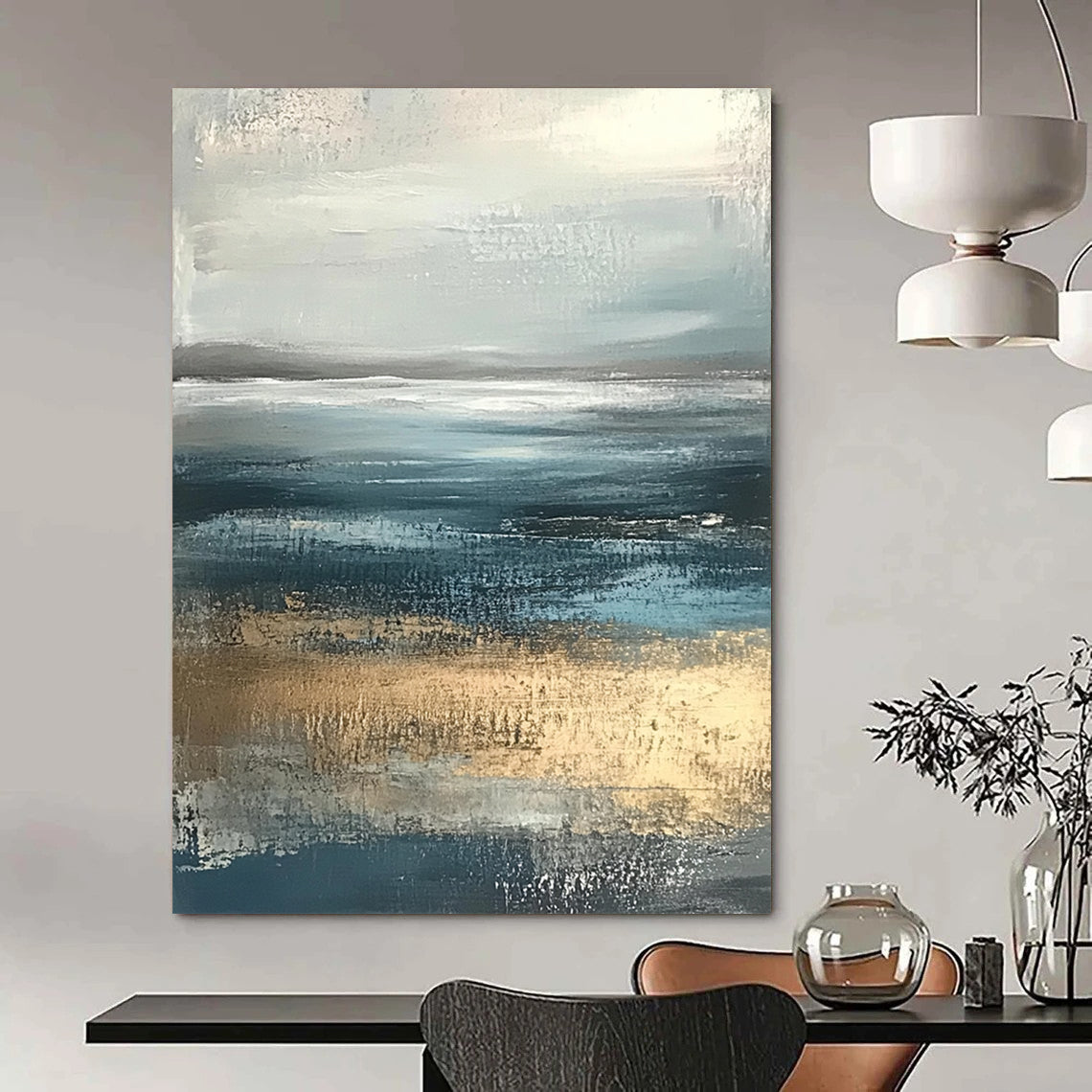 Contemporary hand-painted abstract artwork featuring soft edges in neutral colors with calming blue and gray tones of the sea and sky. DLZ0789