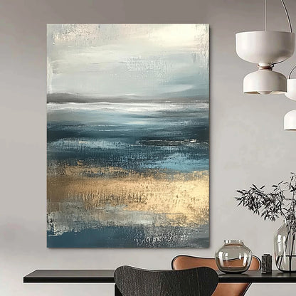 Contemporary hand-painted abstract artwork featuring soft edges in neutral colors with calming blue and gray tones of the sea and sky. DLZ0789