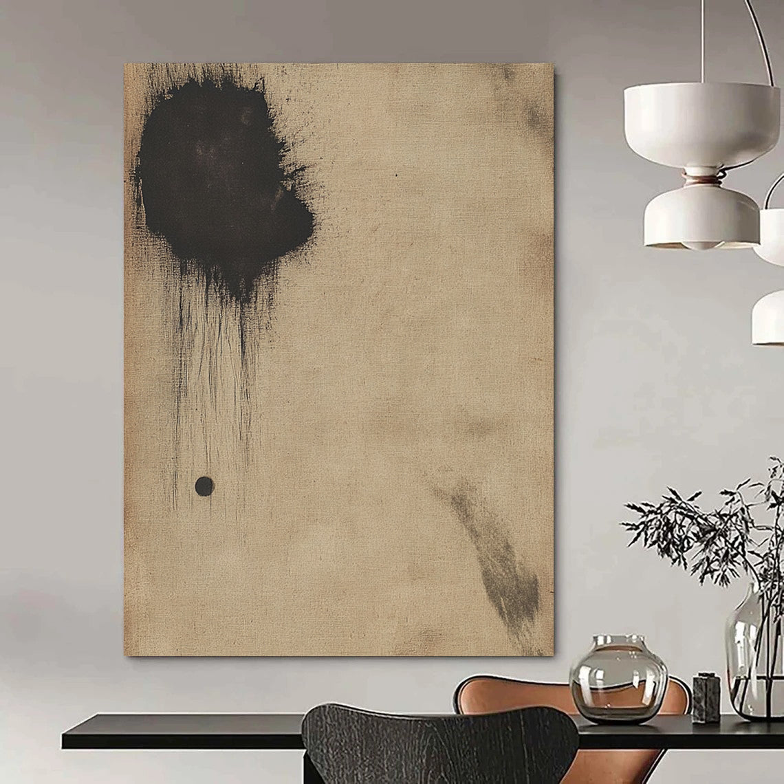 Contemporary hand-painted abstract art on antique beige paper featuring a small dark circle and a large black smudge for a striking visual impact. DLZ0678