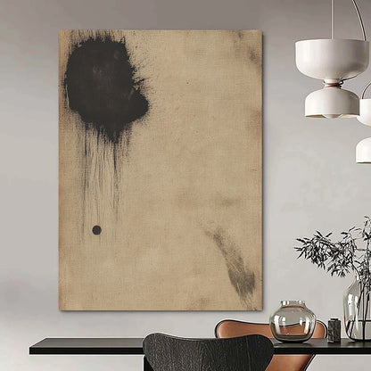 Contemporary hand-painted abstract art on antique beige paper featuring a small dark circle and a large black smudge for a striking visual impact. DLZ0678