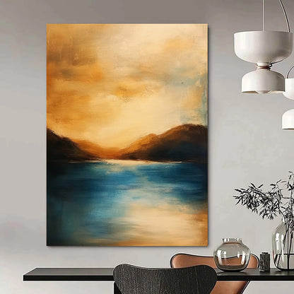 Contemporary abstract painting featuring a serene ocean sunset with soft colors blurred edges tranquil atmosphere and harmonious warm tones. DLZ1111