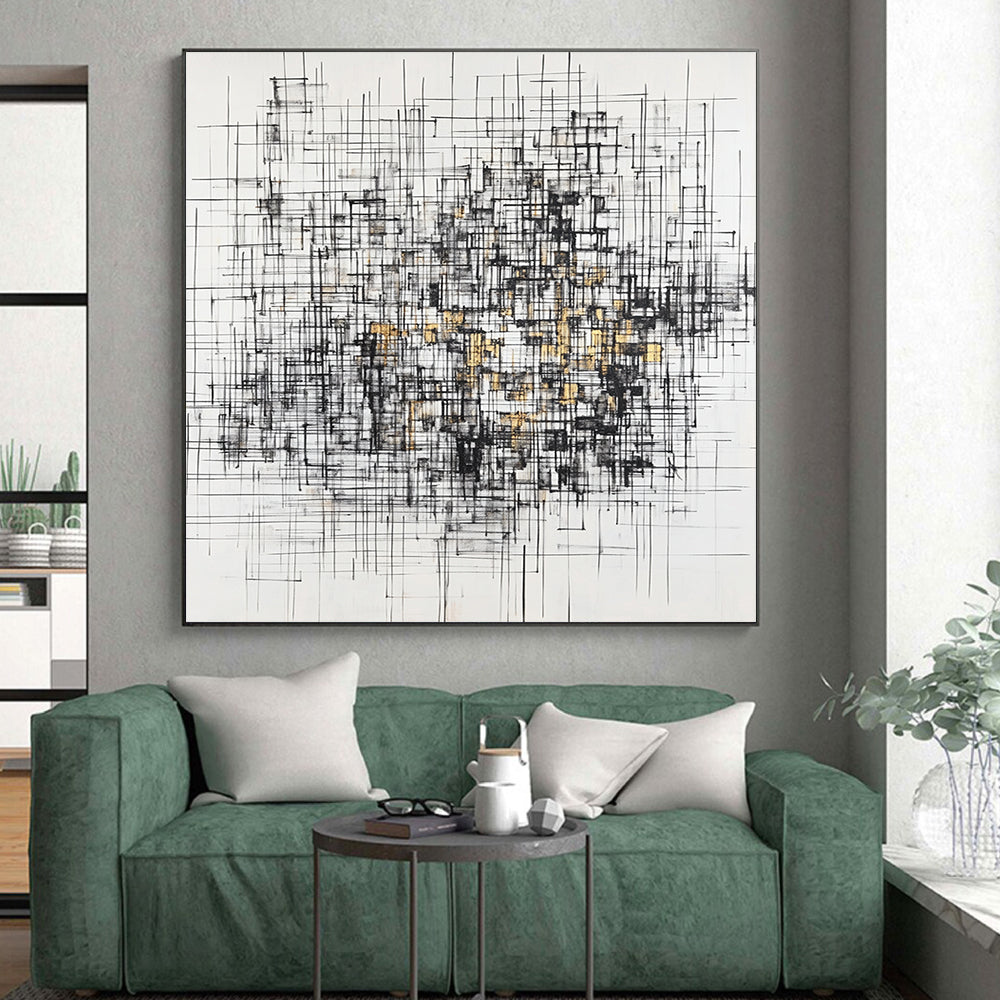 Black, White, Gray, Gold, Interwoven Lines "Gilded Urban Tapestry" Abstract Expressionist Painting On Canvas HB131