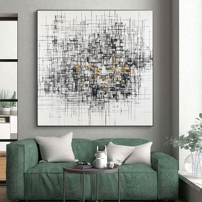 Black, White, Gray, Gold, Interwoven Lines "Gilded Urban Tapestry" Abstract Expressionist Painting On Canvas HB131