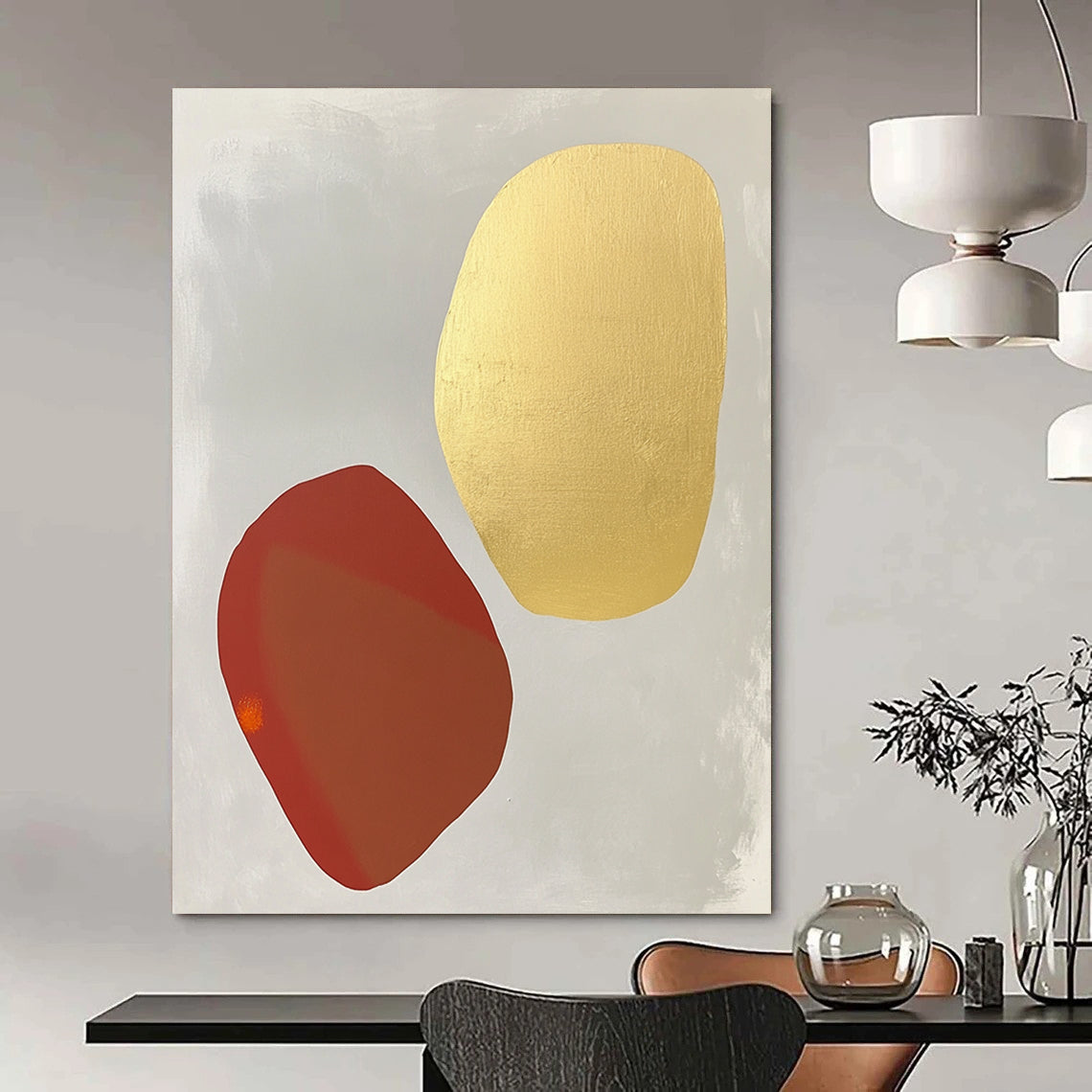 Contemporary abstract painting featuring white and gold shapes on light gray with organic forms and soft tones highlighted by pale red and orange accents. DLZ1735