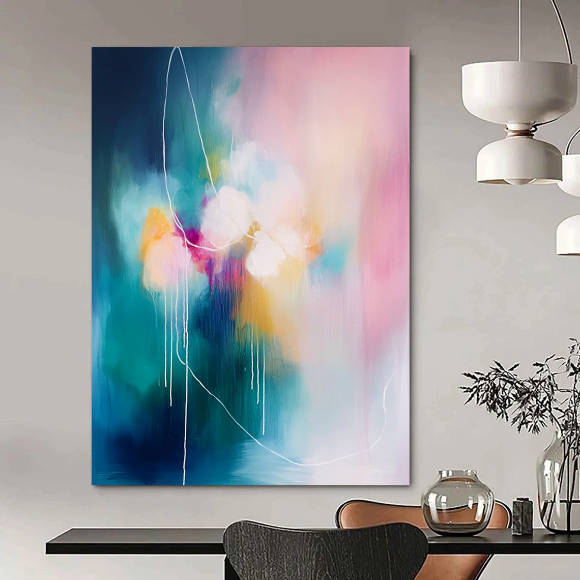 Contemporary abstract painting with soft pink and blue tones, large brush strokes, and white rope-like lines, emphasizing a connection to nature. DLZ1064