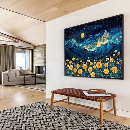 “Moonlit Mountain Flowers” - Blue, Yellow, Mountain & Floral Oil Painting On Canvas HB0718