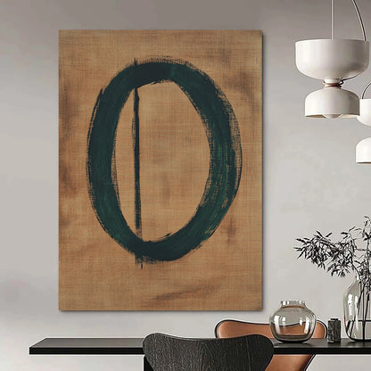 Contemporary abstract art features a green circular number zero on brown paper accented by thin black lines, crafted in an oil painting style. DLZ1466