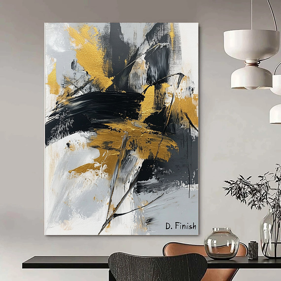 Contemporary abstract artwork featuring bold black white and gold brush strokes and palette knife technique with signature D Finish. DLZ1557