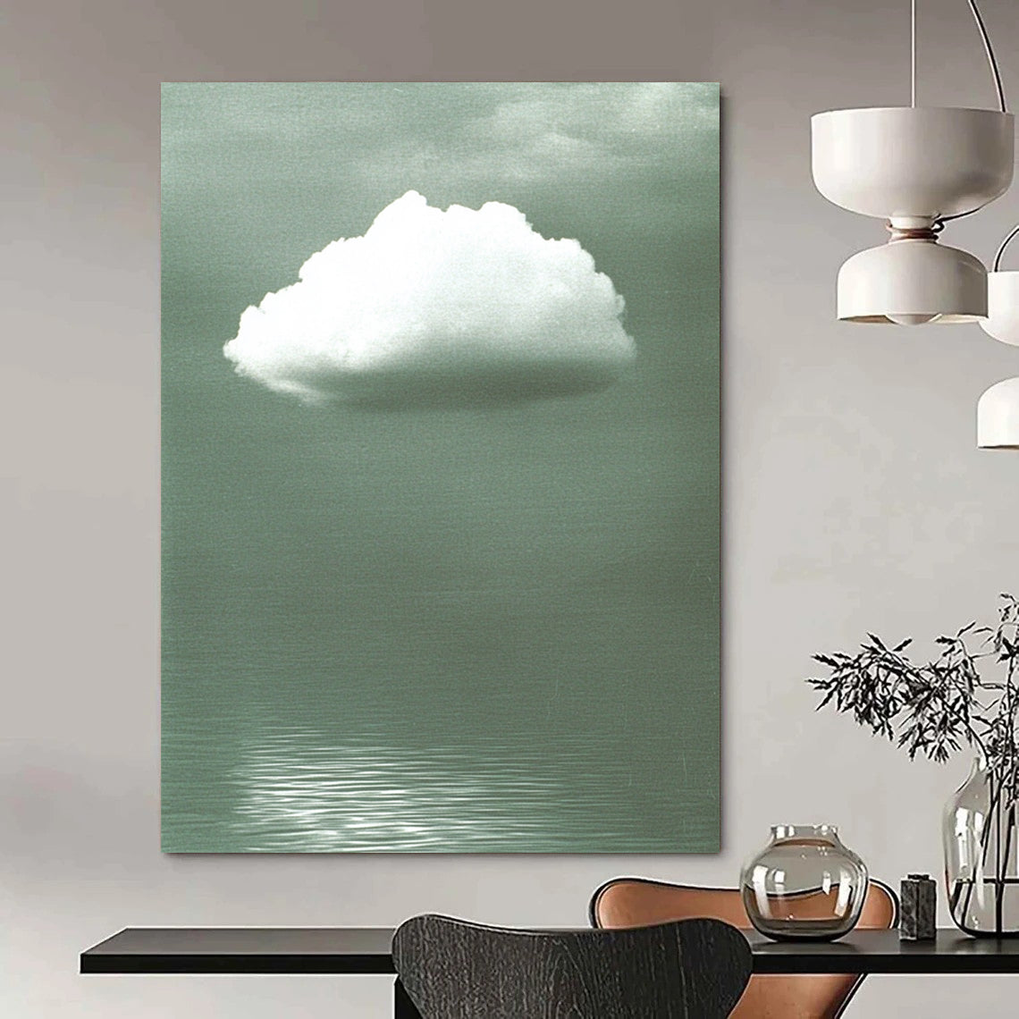 Contemporary abstract art features a soft white cloud on a gray backdrop, enhanced by green water ripples and subtle reflections below. DLZ1470