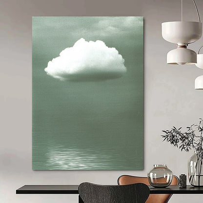 Contemporary abstract art features a soft white cloud on a gray backdrop, enhanced by green water ripples and subtle reflections below. DLZ1470