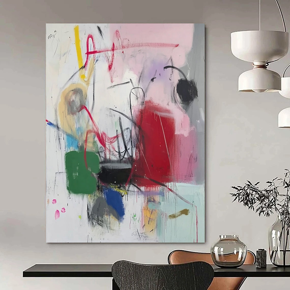 Bold contemporary abstract artwork featuring vibrant pink red green blue white black purple yellow orange hues with expressive scribbles and graffiti elements. DLZ1049
