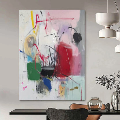 Bold contemporary abstract artwork featuring vibrant pink red green blue white black purple yellow orange hues with expressive scribbles and graffiti elements. DLZ1049