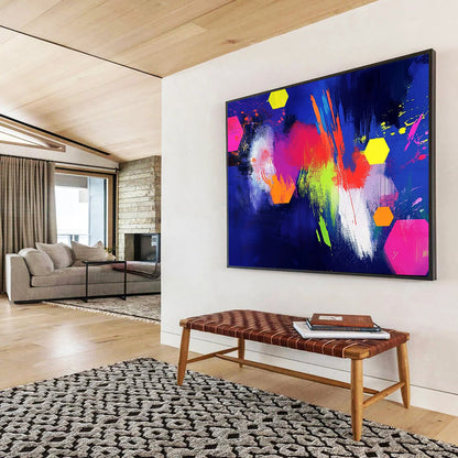 “Neon Colorful Hexagons on Blue” - Neon Palette, Hexagon Shapes on Blue Painting On Canvas HB0864