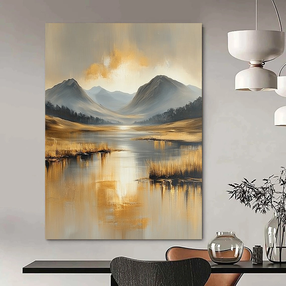 Contemporary abstract landscape painting featuring serene beige and gold tones, water reflections, distant mountains, and tranquil skies in heavy oil brush strokes. DLZ0410