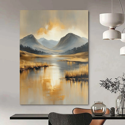 Contemporary abstract landscape painting featuring serene beige and gold tones, water reflections, distant mountains, and tranquil skies in heavy oil brush strokes. DLZ0410