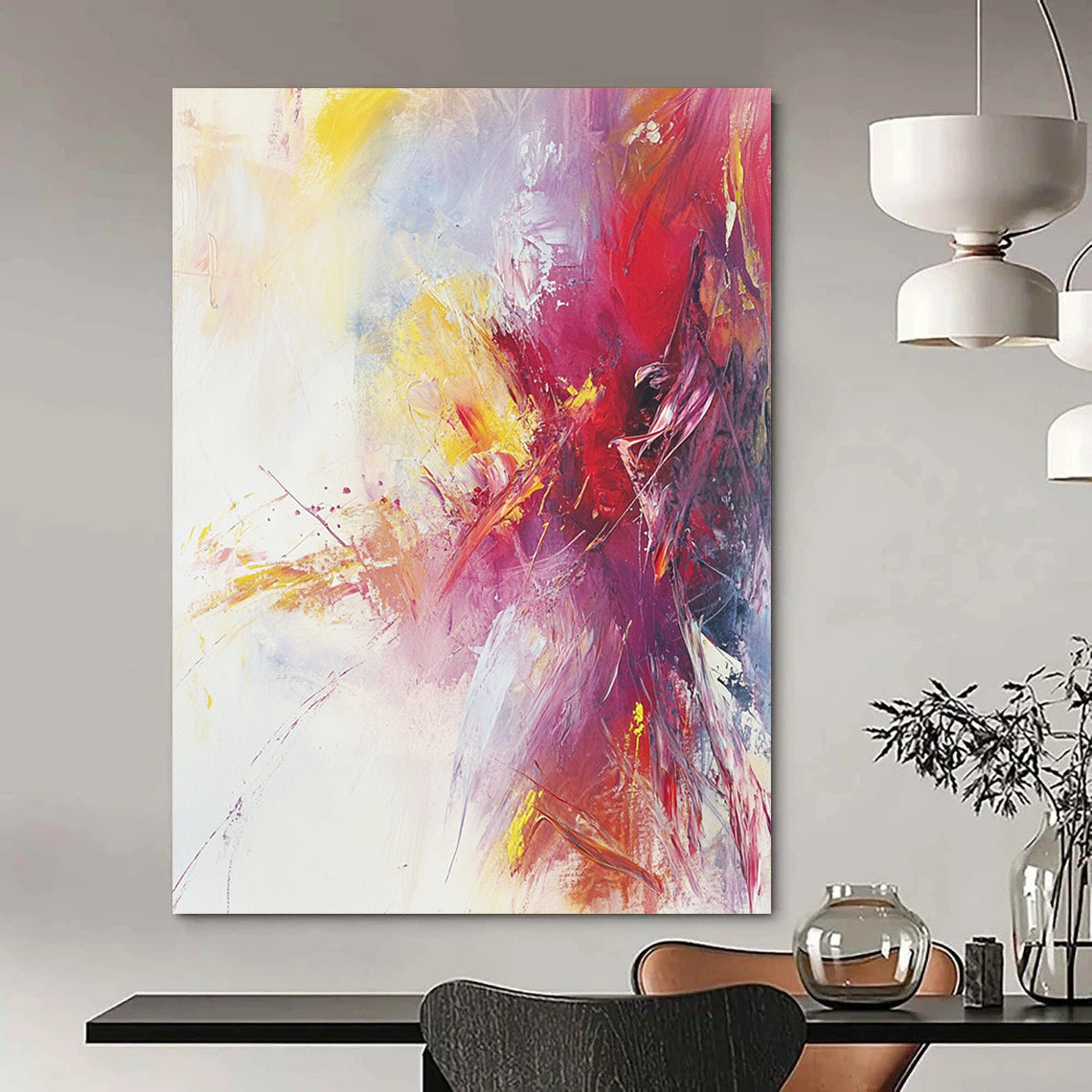 Large contemporary hand-painted abstract artwork featuring warm colors and soft brushstrokes on a serene white background with subtle splashes of bright color. DLZ1068