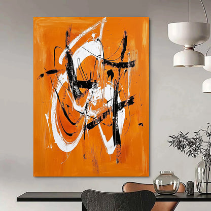 Contemporary hand-painted abstract artwork features vibrant orange and white shapes, dynamic lines, and energetic brushstrokes with striking black accents. DLZ0632