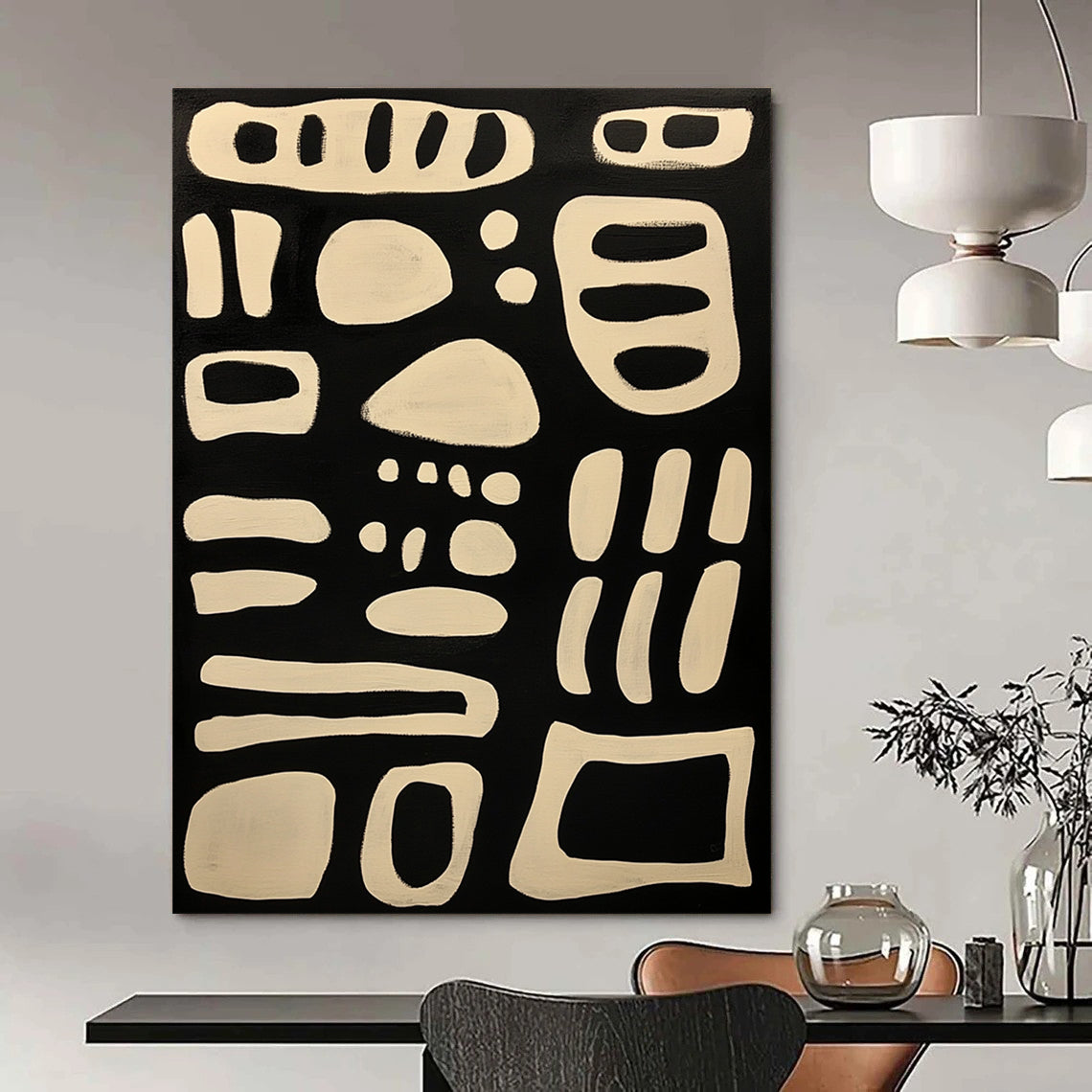 Contemporary hand-painted abstract art featuring bold lines and organic forms on a black background with elegant white isoglyph patterns. DLZ1244