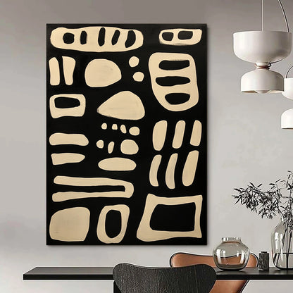 Contemporary hand-painted abstract art featuring bold lines and organic forms on a black background with elegant white isoglyph patterns. DLZ1244
