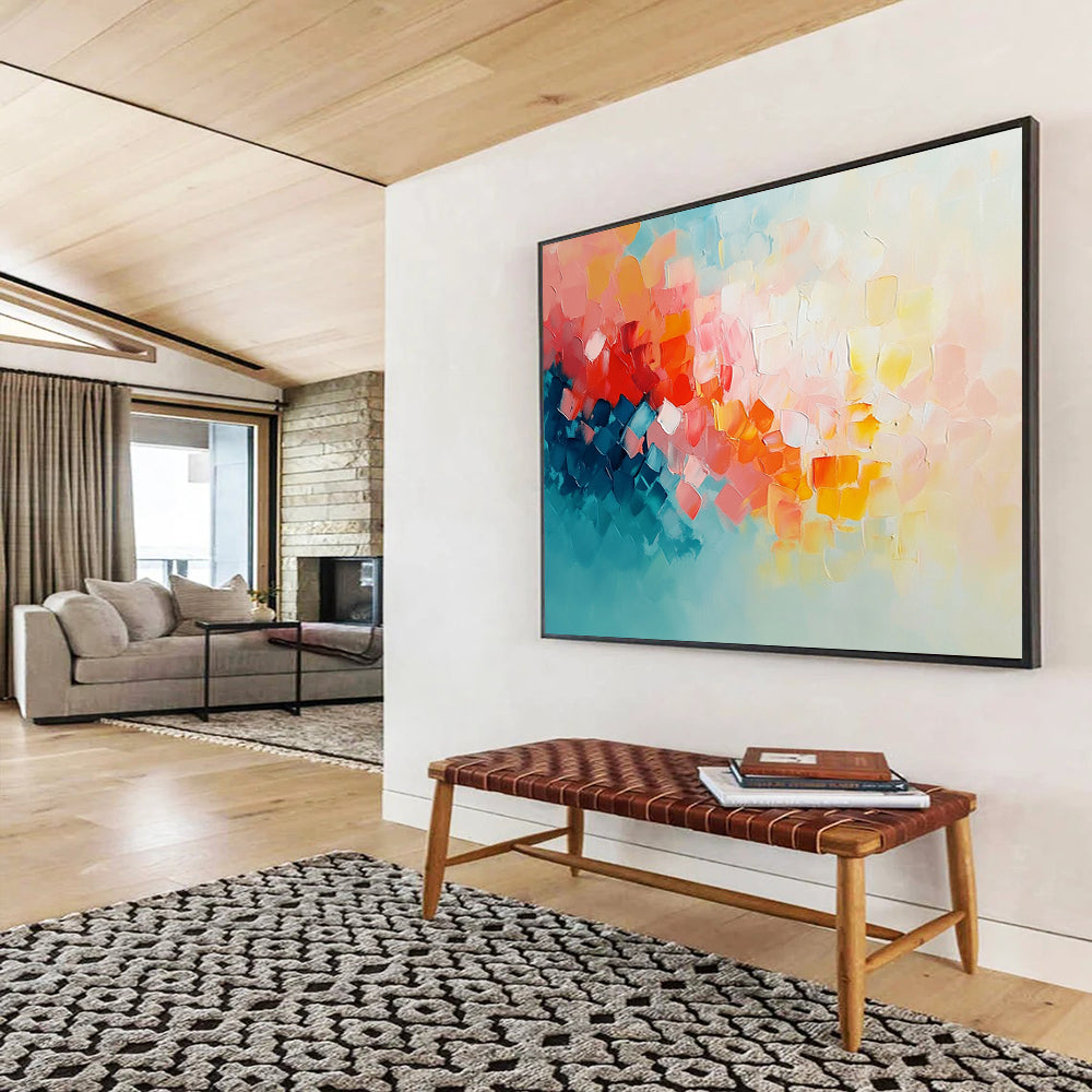 “Vibrant Square Impasto” - Pink, Orange, Blue, White - Textured Square Abstract - Oil Painting HB1318