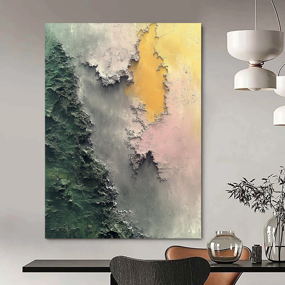 Contemporary hand-painted abstract art features aerial topography in soft greens and grays with islands in light pink and dark gray evoking mystery. DLZ0568