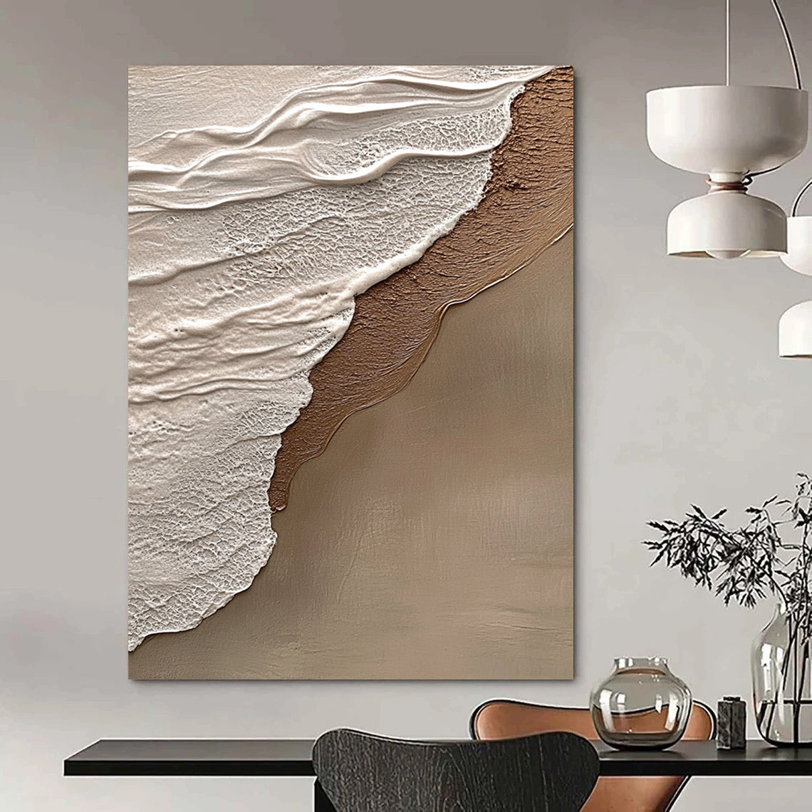 Contemporary hand-painted abstract art features beige and gray tones, evoking tranquility and harmony with a natural beach scene in the background. DLZ1212