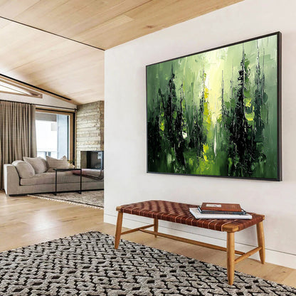“Green Forest Impasto” - Green, Black, Abstract Trees - Textured Oil Painting HB1486