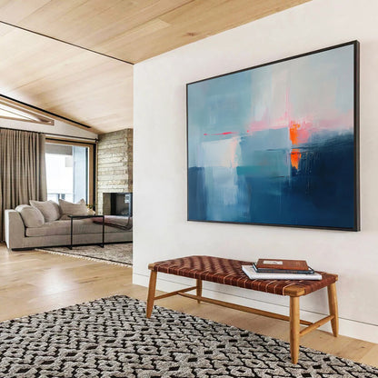 “Subtle Abstract Horizon in Blue” - Blue, white, pink, orange; Subtle abstract horizon with soft colors; Acrylic Painting On Canvas HB1274