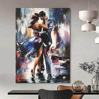 Contemporary hand-painted abstract artwork featuring two figures dancing the tango with dynamic brush strokes and intricate detailing in a striking composition. DLZ1659