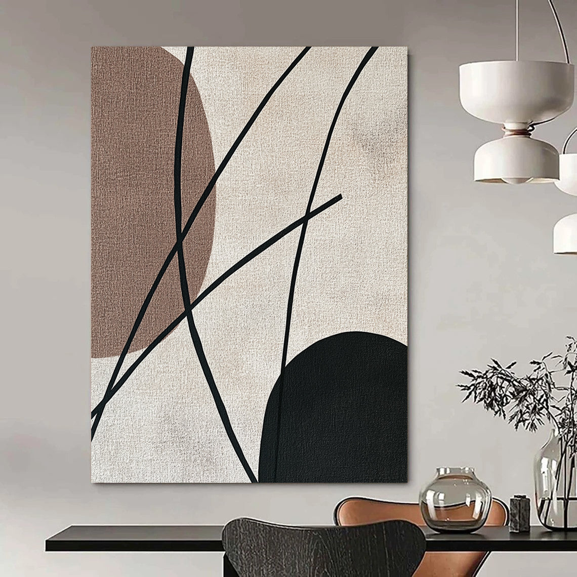 Contemporary abstract painting features minimalist Japandi art with black strings elegantly contrasting against a beige background in soothing earthy tones. DLZ1627