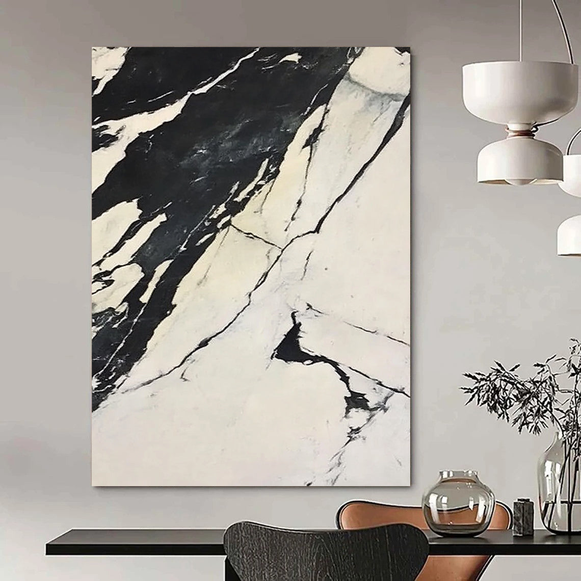Contemporary abstract artwork featuring high-contrast black and white marble design with flowing forms on a snowy backdrop inspired by Claude Monet. DLZ1544
