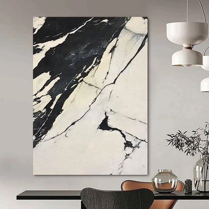 Contemporary abstract artwork featuring high-contrast black and white marble design with flowing forms on a snowy backdrop inspired by Claude Monet. DLZ1544