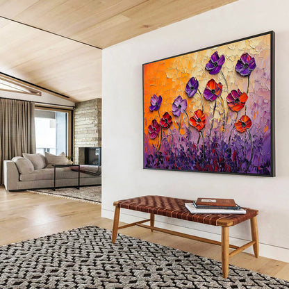 “Textured Poppy Field” - Purple, Orange, Pink - 3D Textured Flowers - Impasto Painting HB1297