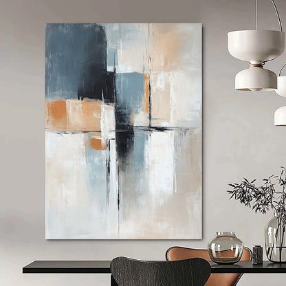 Large contemporary hand-painted abstract artwork in blue beige and grey with black lines soft white shapes and an orange accent in a minimalist style. DLZ1044