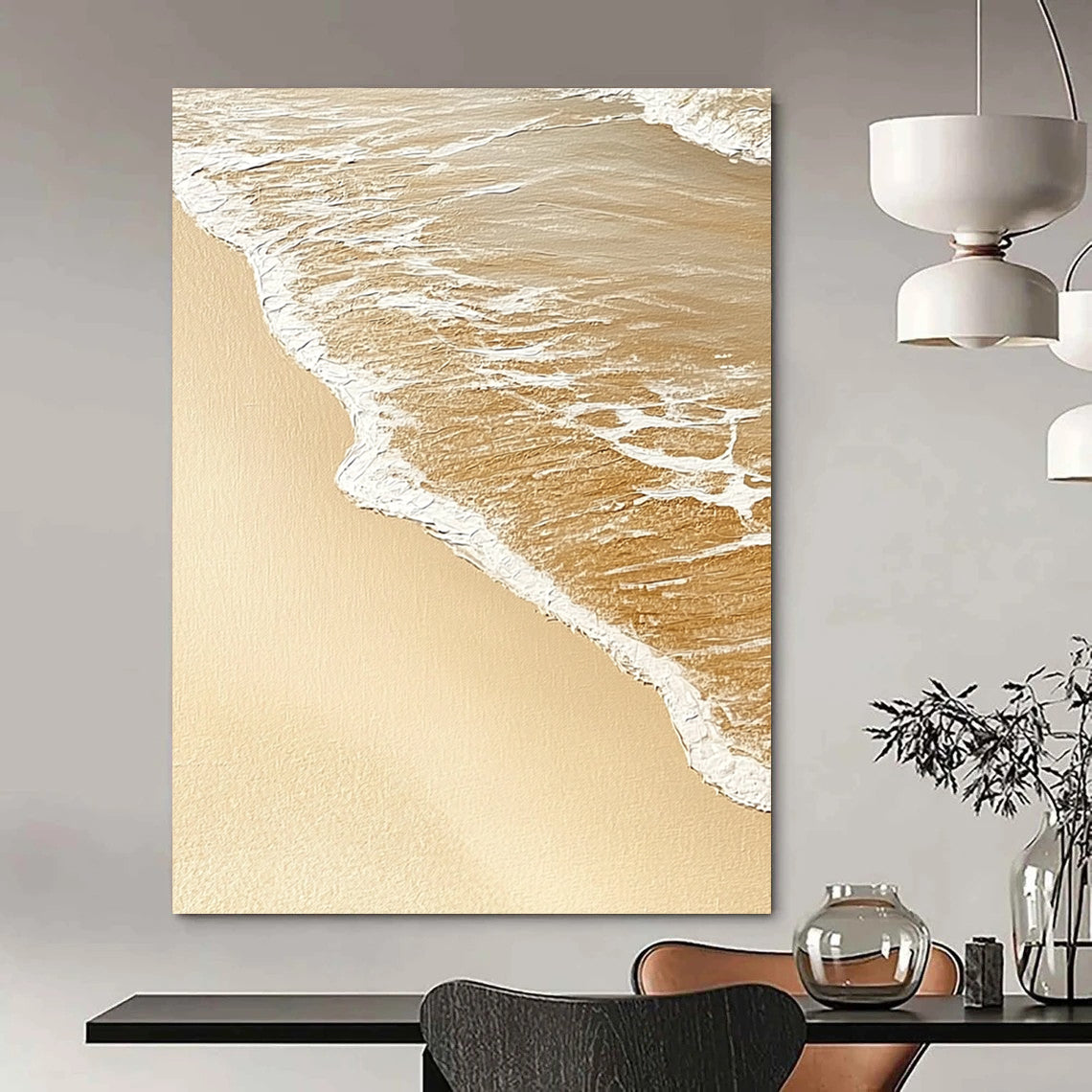 Contemporary abstract artwork capturing the serene meeting of sand and water, evoking tranquility with soothing beige and white tones. DLZ1211