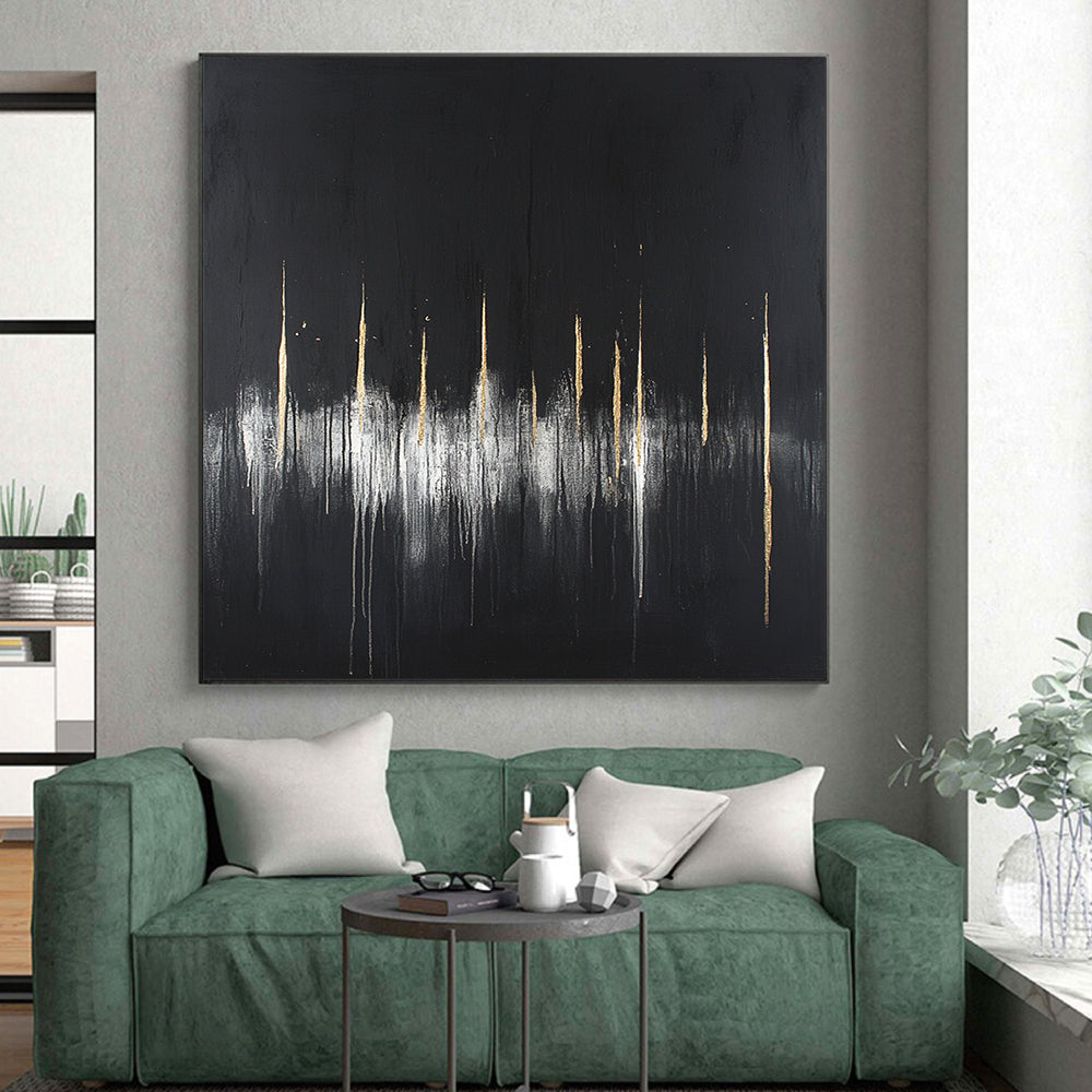 Black, Gold, White, Vertical Drips "Gilded Rain" Abstract Minimalist Painting On Canvas HB085