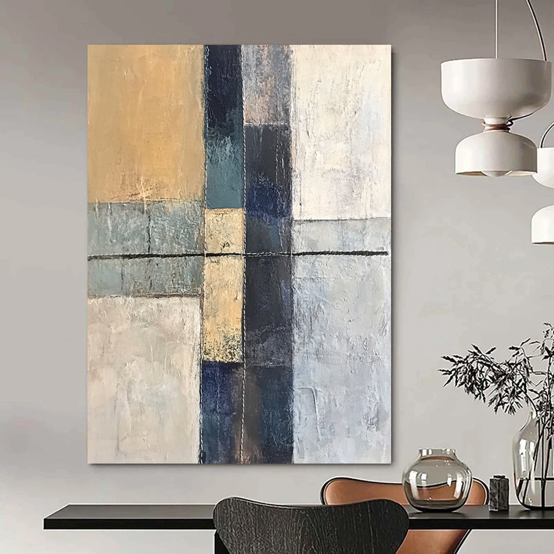 Contemporary abstract artwork featuring an ancient cross textured canvas with hand stitching in grey blue and beige tones minimalistic design. DLZ0945