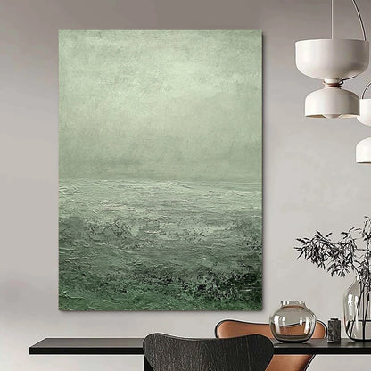 Contemporary hand-painted abstract art featuring a serene gray-green sea with ripples and soft clouds creating a tranquil atmosphere. DLZ1276