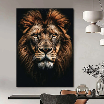 Contemporary abstract painting featuring a majestic lion portrait with realistic details against a dark background, perfect for modern decor. DLZ1590