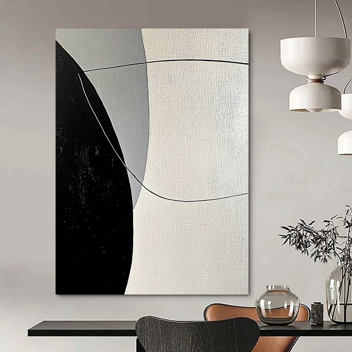 Contemporary abstract painting features bold black and white lines with smooth curves against a large gray background, showcasing minimalist geometric shapes and high contrast lighting. DLZ1654